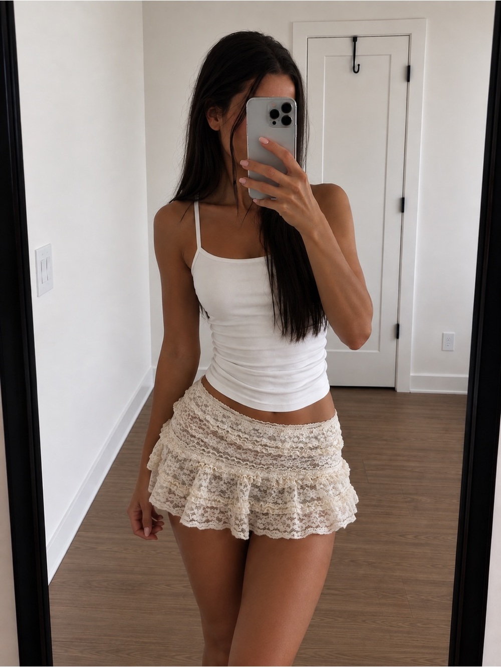 Motel Rocks Ivory Sheer Lace Ruffle Mini Skirt